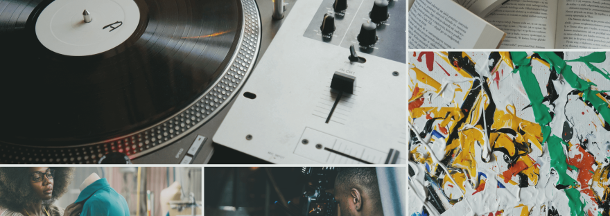 A collage of images showing a filmmaker, fashion designer, a DJ turntable, a collection of novels and an abstract painting.