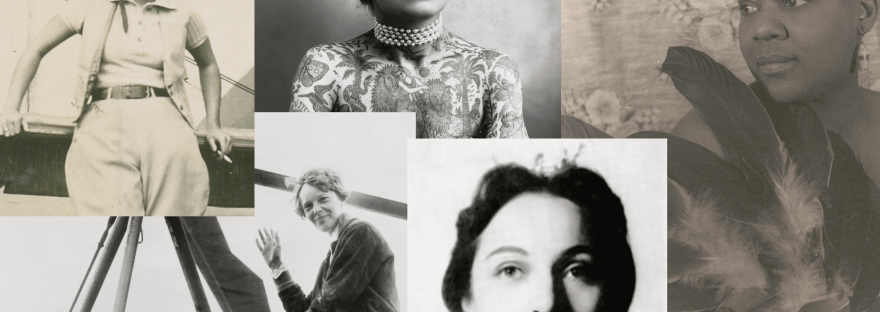 A collage of black and white photos showing Hazel Ying Lee, Bessie Smith, Maria Tallchief, Amelia Earhart and Maud Stevens Wagner.