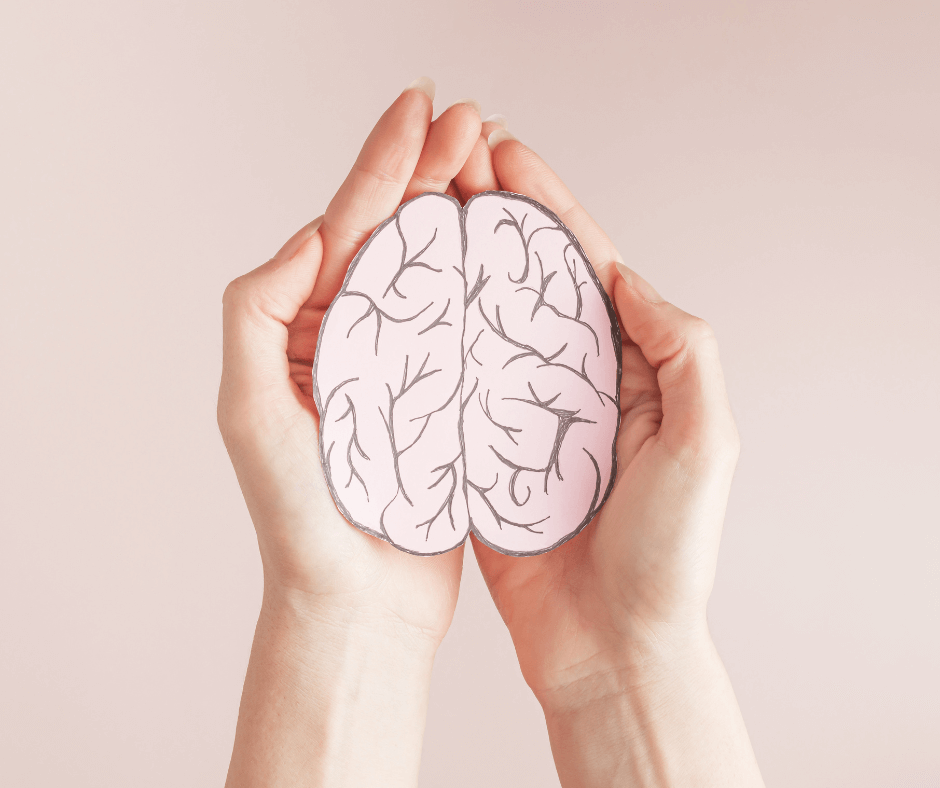 Over a pink background, cupped hands hold a cardboard cutout of a brain.